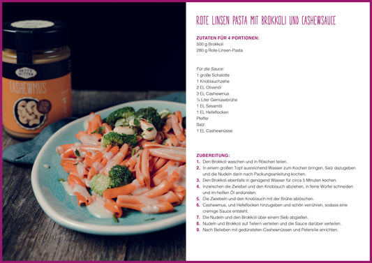 Rote Linsen Pasta mit Brokkoli und Cashewsauce